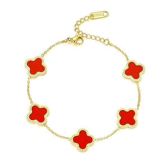 18K Gold-Plated Five Red Clover Charm Bracelet | Unique Elegance - OmKrust