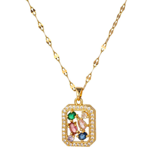 Gemstone Mosaic Pendant Elegance 18 K Gold Necklace - OmKrust