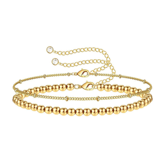 “Golden Allure - Beaded Layered Bracelet”,18K GOLD PLATED STAINLESS STEEL, Waterproof, Hypoallergenic 